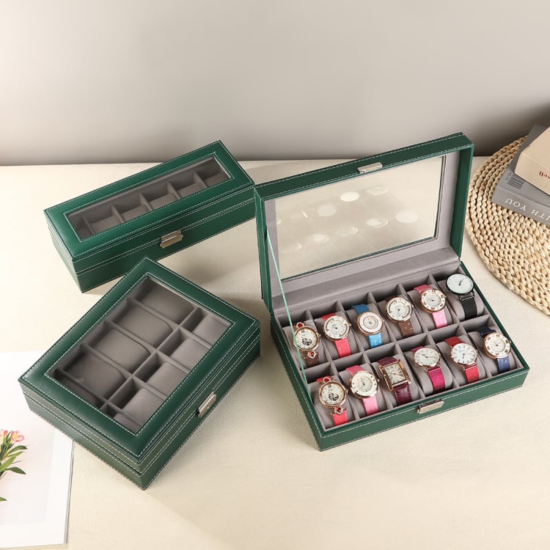 Kutija za satove sa 12 pretinaca, prozorom, zaključavanje, kožna izložbena kutija