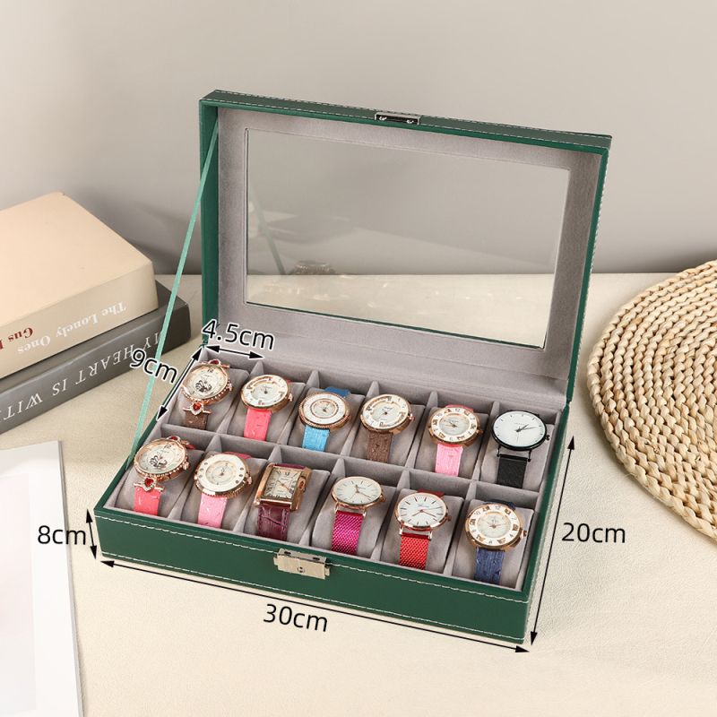 Kutija za satove sa 12 pretinaca, prozorom, zaključavanje, kožna izložbena kutija