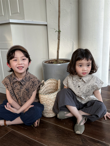 Cămașă de vară pentru copii, floral, stil coreean, guler rotund, 75% bumbac, pentru vârsta 3–8 ani.