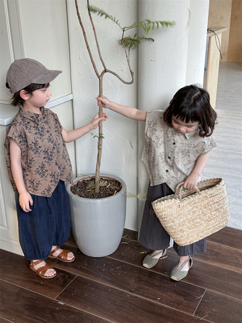 Cămașă de vară pentru copii, floral, stil coreean, guler rotund, 75% bumbac, pentru vârsta 3–8 ani.