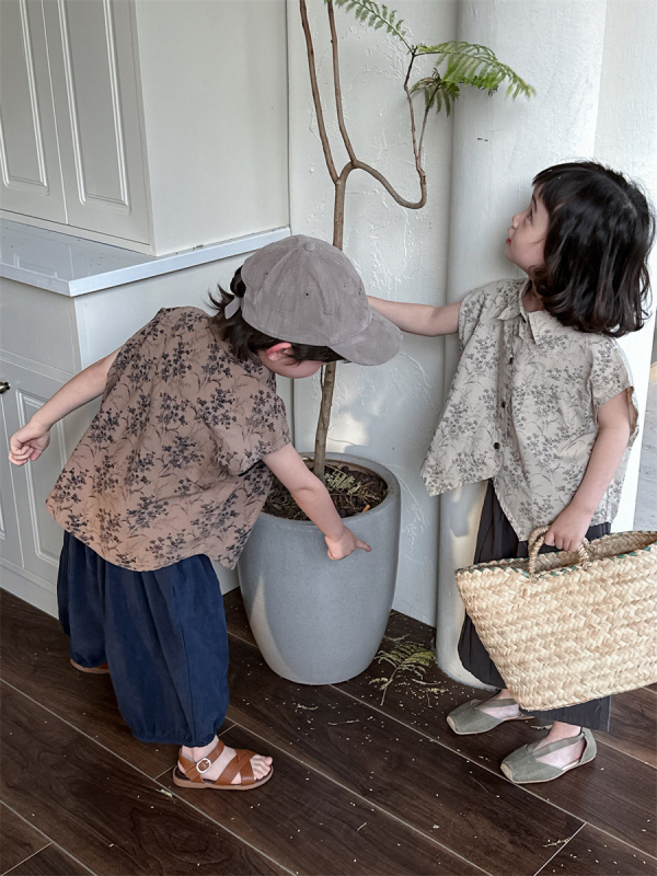 Cămașă de vară pentru copii, floral, stil coreean, guler rotund, 75% bumbac, pentru vârsta 3–8 ani.