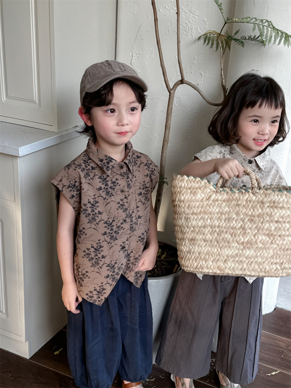 Cămașă de vară pentru copii, floral, stil coreean, guler rotund, 75% bumbac, pentru vârsta 3–8 ani.