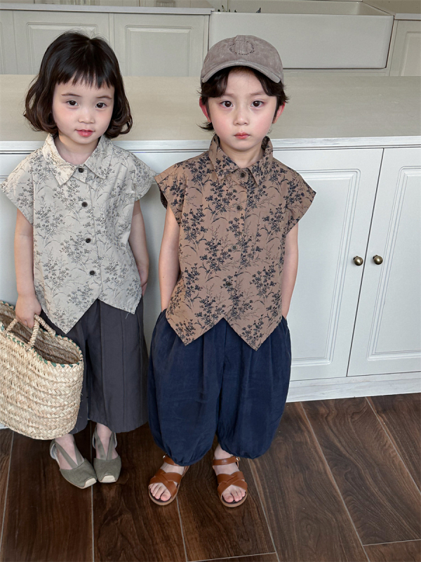 Cămașă de vară pentru copii, floral, stil coreean, guler rotund, 75% bumbac, pentru vârsta 3–8 ani.