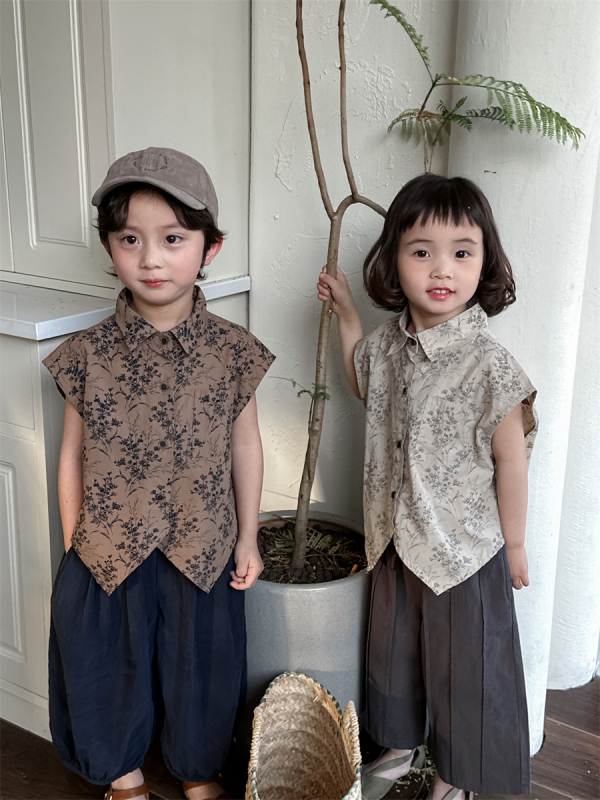 Cămașă de vară pentru copii, floral, stil coreean, guler rotund, 75% bumbac, pentru vârsta 3–8 ani.