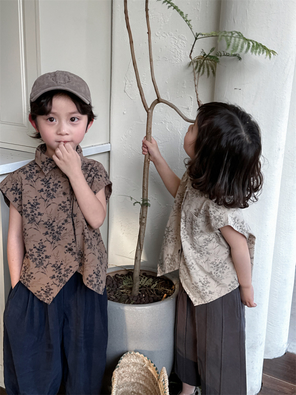 Cămașă de vară pentru copii, floral, stil coreean, guler rotund, 75% bumbac, pentru vârsta 3–8 ani.