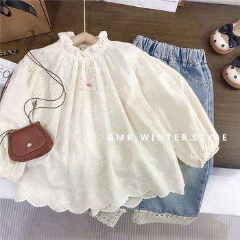 Dječja košulja od pamuka, korejski stil, Jacquard vez, okrugli izrez, dugi rukavi