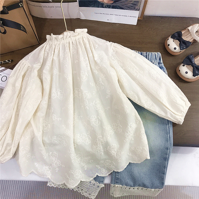 Dječja košulja od pamuka, korejski stil, Jacquard vez, okrugli izrez, dugi rukavi