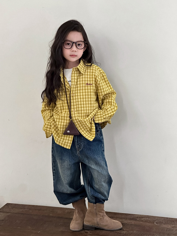 Dječja košulja u korejskom stilu s karom, s izvezenim slovom, rever ovratnik, pamuk, dugi rukav