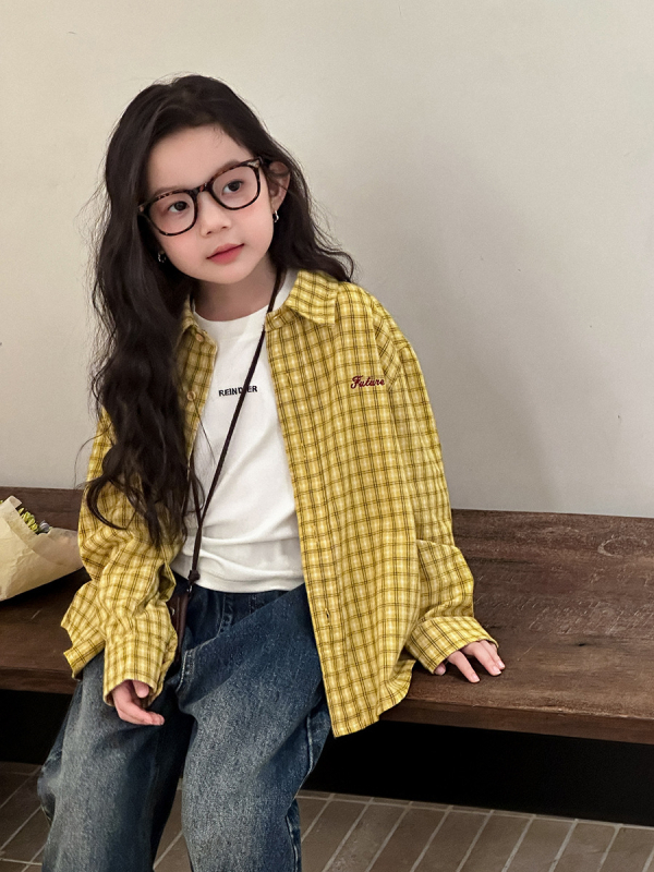 Dječja košulja u korejskom stilu s karom, s izvezenim slovom, rever ovratnik, pamuk, dugi rukav