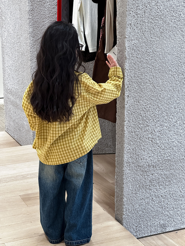 Dječja košulja u korejskom stilu s karom, s izvezenim slovom, rever ovratnik, pamuk, dugi rukav