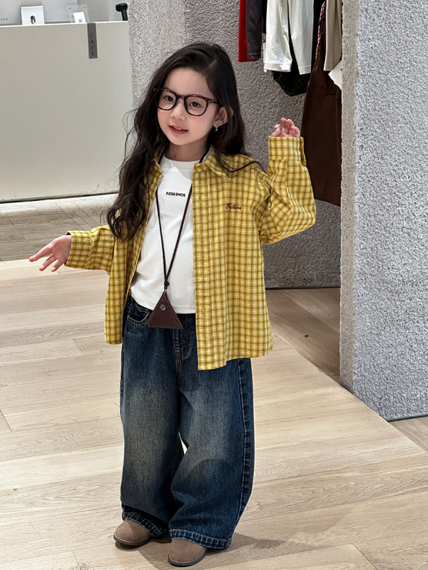 Dječja košulja u korejskom stilu s karom, s izvezenim slovom, rever ovratnik, pamuk, dugi rukav