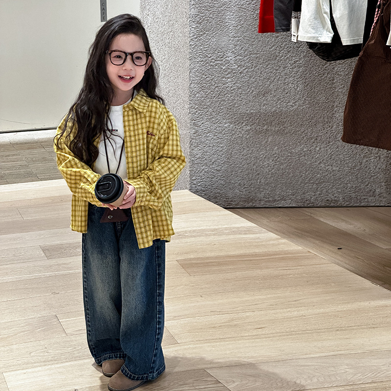 Dječja košulja u korejskom stilu s karom, s izvezenim slovom, rever ovratnik, pamuk, dugi rukav