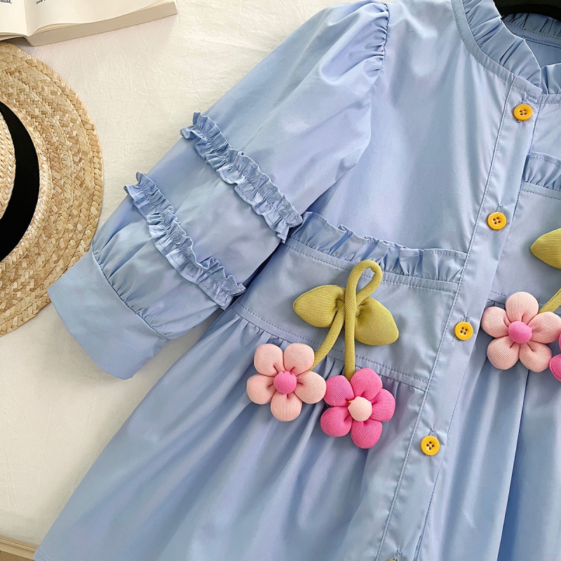 Детска рокля за момичета в корейски стил, дълги ръкави, памучна материя, слънчогледова щампа, силует принцеса, възраст 3–8 години