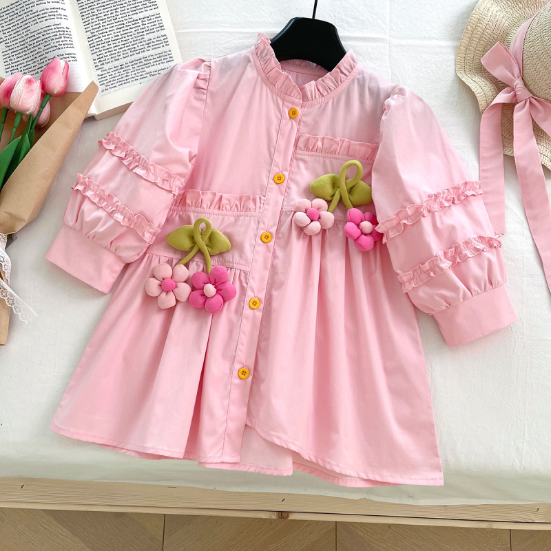 Детска рокля за момичета в корейски стил, дълги ръкави, памучна материя, слънчогледова щампа, силует принцеса, възраст 3–8 години