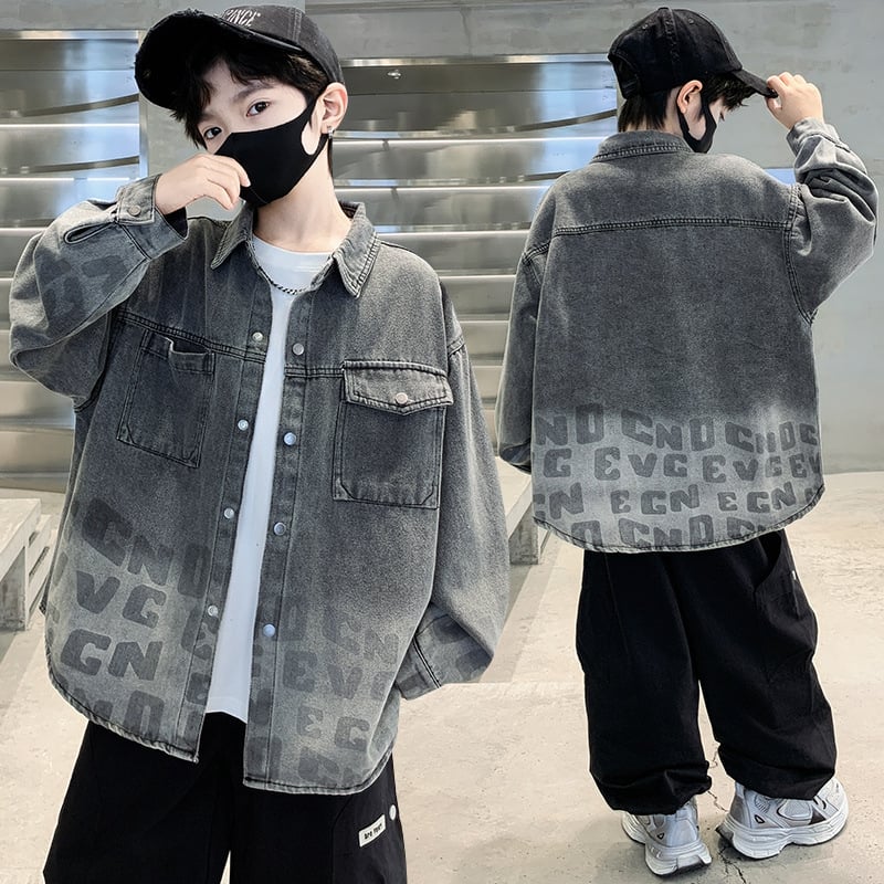 Fiúknak való denim ingdzseki gradient mintával, hosszú ujjú, galléros, puha tapintású anyag