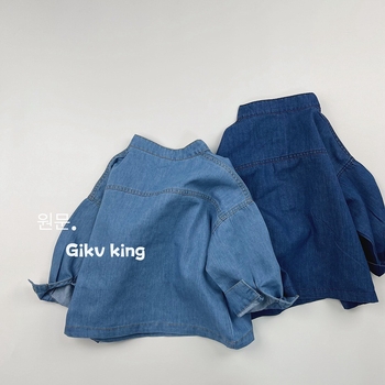 Uniszex gyerekeknek szánt denim ing, álló gallér, nagy mellzseb, 100% pamut denim, enzimes mosás, Koreai stílus, 3–8 éveseknek