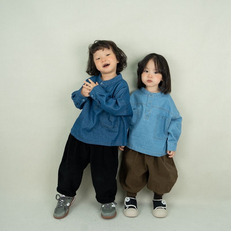 Uniszex gyerekeknek szánt denim ing, álló gallér, nagy mellzseb, 100% pamut denim, enzimes mosás, Koreai stílus, 3–8 éveseknek