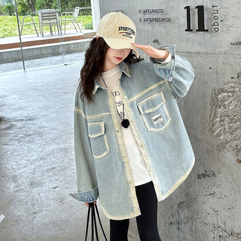 Cămașă de denim pentru fete, stil coreean, guler pătrat, mâneci lungi, culoare solidă, țesătură tratată moale, pentru copii de peste 8 ani