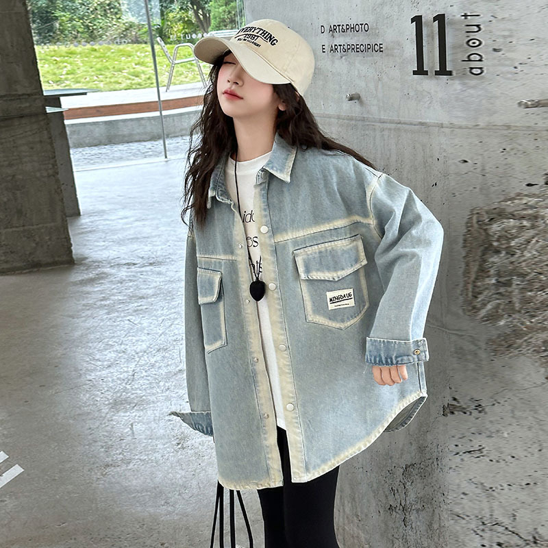 Cămașă de denim pentru fete, stil coreean, guler pătrat, mâneci lungi, culoare solidă, țesătură tratată moale, pentru copii de peste 8 ani