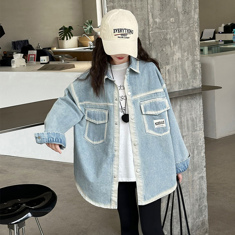 Cămașă de denim pentru fete, stil coreean, guler pătrat, mâneci lungi, culoare solidă, țesătură tratată moale, pentru copii de peste 8 ani