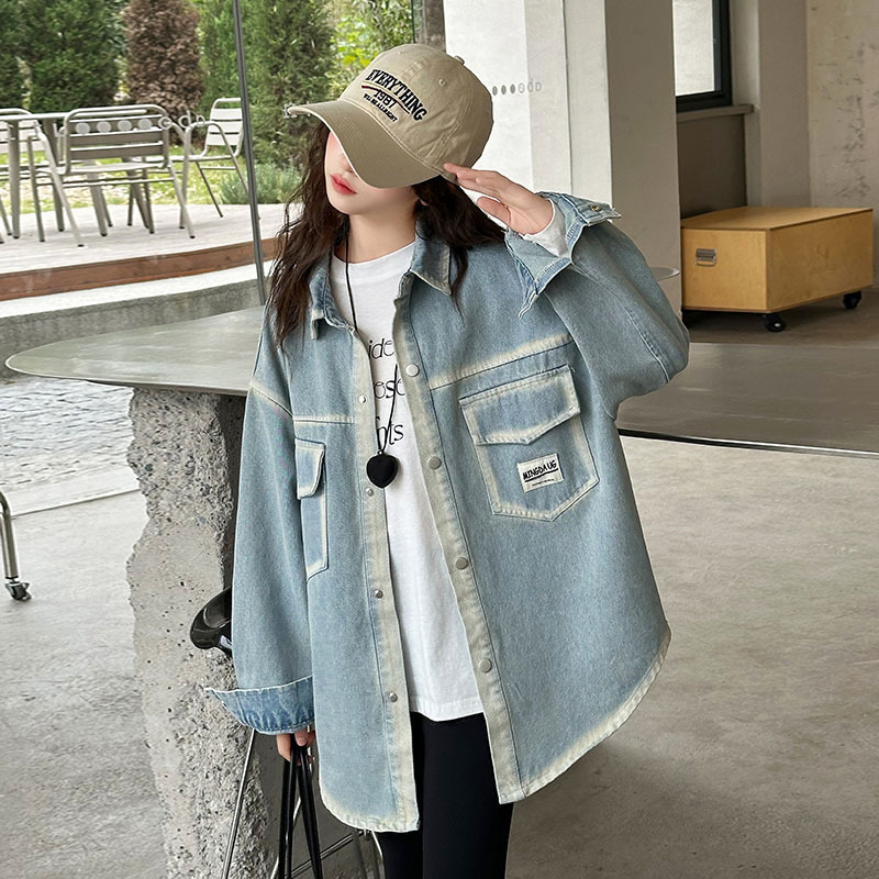 Cămașă de denim pentru fete, stil coreean, guler pătrat, mâneci lungi, culoare solidă, țesătură tratată moale, pentru copii de peste 8 ani