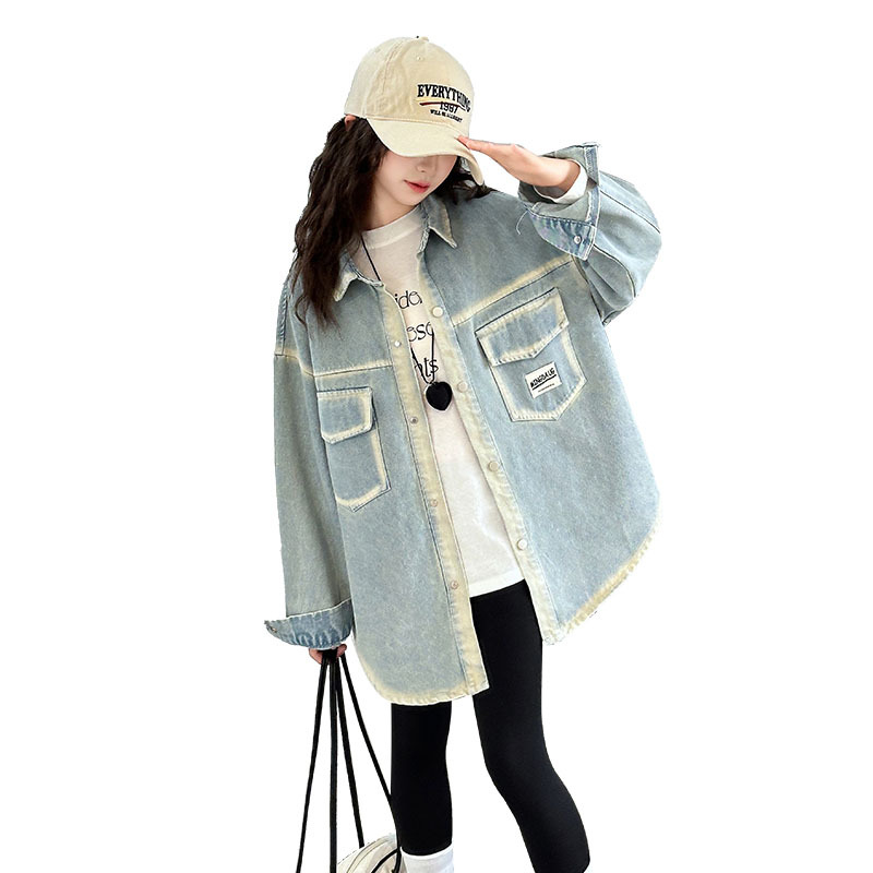 Cămașă de denim pentru fete, stil coreean, guler pătrat, mâneci lungi, culoare solidă, țesătură tratată moale, pentru copii de peste 8 ani