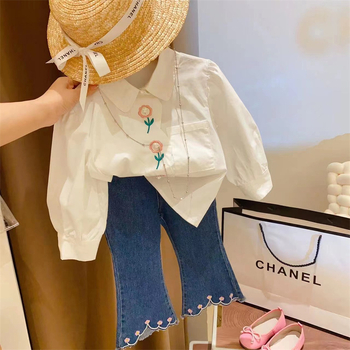 Dječja košulja s cvjetnom izvezom i ovratnikom lutke, dugi rukavi, 95% pamuk, mekan završni premaz, za dob 3–8 godina