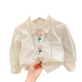 Dječja košulja s cvjetnom izvezom i ovratnikom lutke, dugi rukavi, 95% pamuk, mekan završni premaz, za dob 3–8 godina