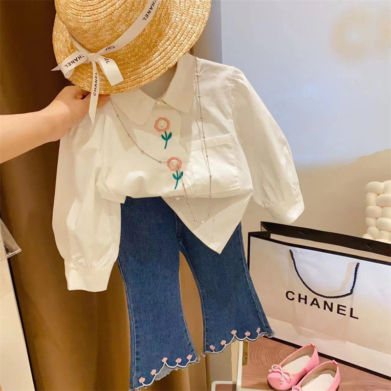 Dječja košulja s cvjetnom izvezom i ovratnikom lutke, dugi rukavi, 95% pamuk, mekan završni premaz, za dob 3–8 godina