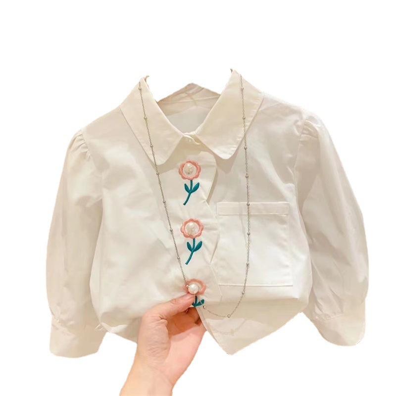 Dječja košulja s cvjetnom izvezom i ovratnikom lutke, dugi rukavi, 95% pamuk, mekan završni premaz, za dob 3–8 godina