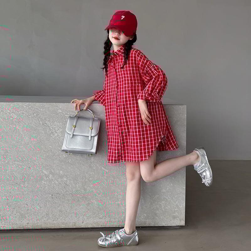 Cămașă pentru fete cu carouri în grilă, stil retro coreean, guler rever, mâneci lungi, bumbac