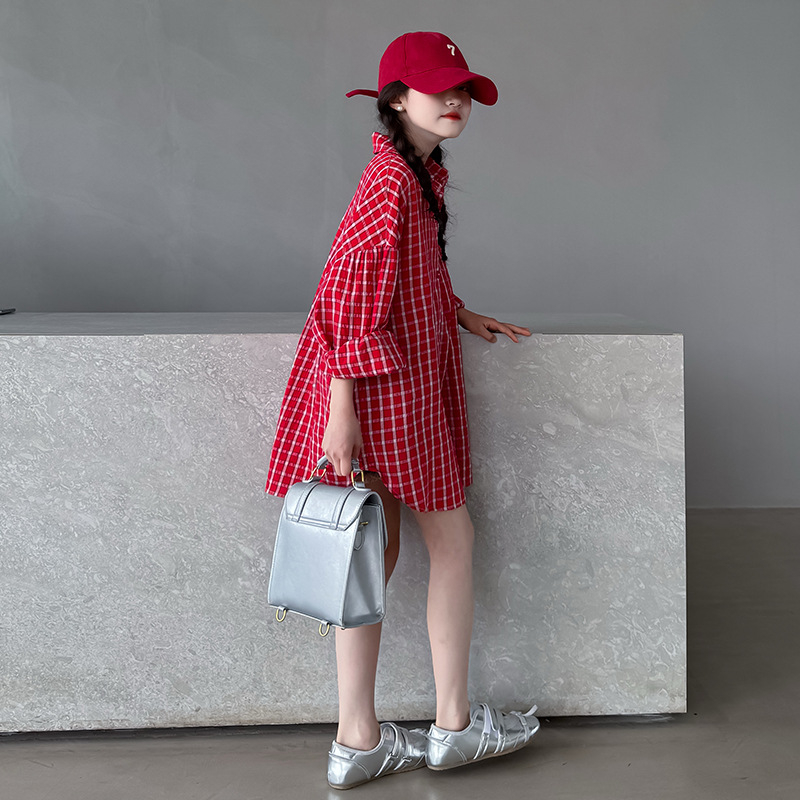 Cămașă pentru fete cu carouri în grilă, stil retro coreean, guler rever, mâneci lungi, bumbac