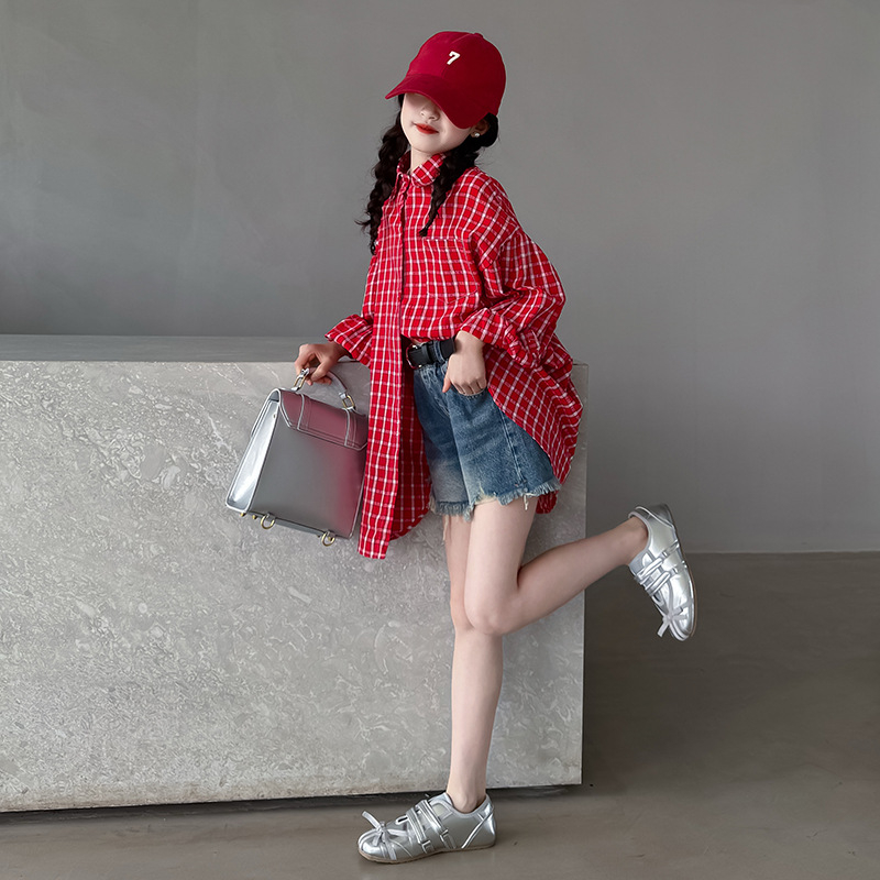 Cămașă pentru fete cu carouri în grilă, stil retro coreean, guler rever, mâneci lungi, bumbac