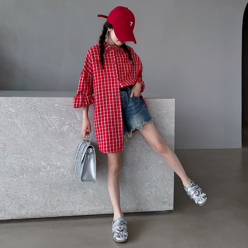 Cămașă pentru fete cu carouri în grilă, stil retro coreean, guler rever, mâneci lungi, bumbac