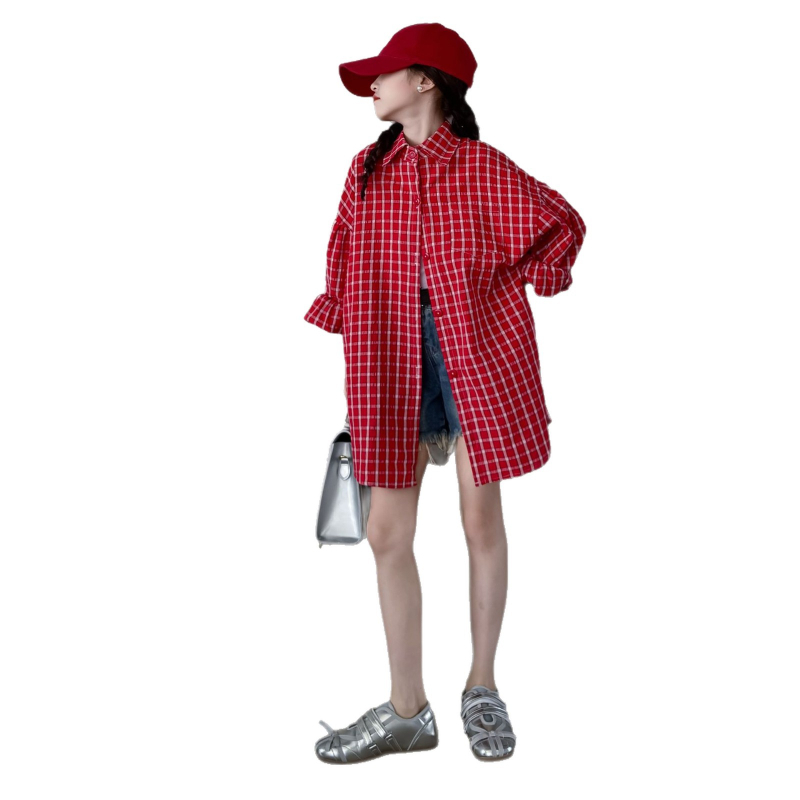 Cămașă pentru fete cu carouri în grilă, stil retro coreean, guler rever, mâneci lungi, bumbac