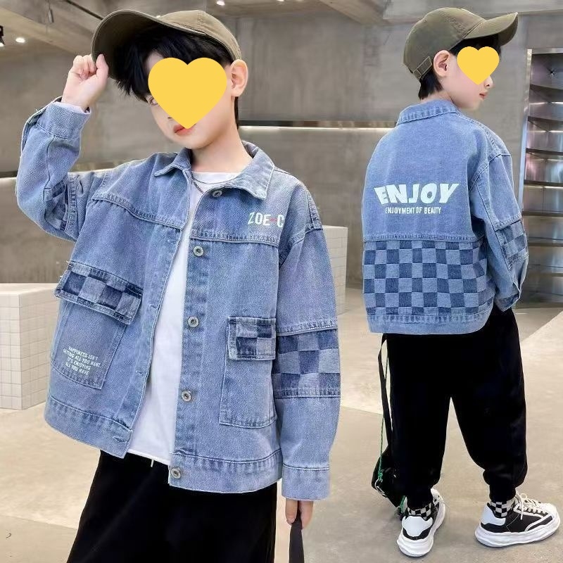 Dječja traper košulja, dugi rukavi, četvrtasti ovratnik, mekani materijal, korejski stil, poliester 80–90%