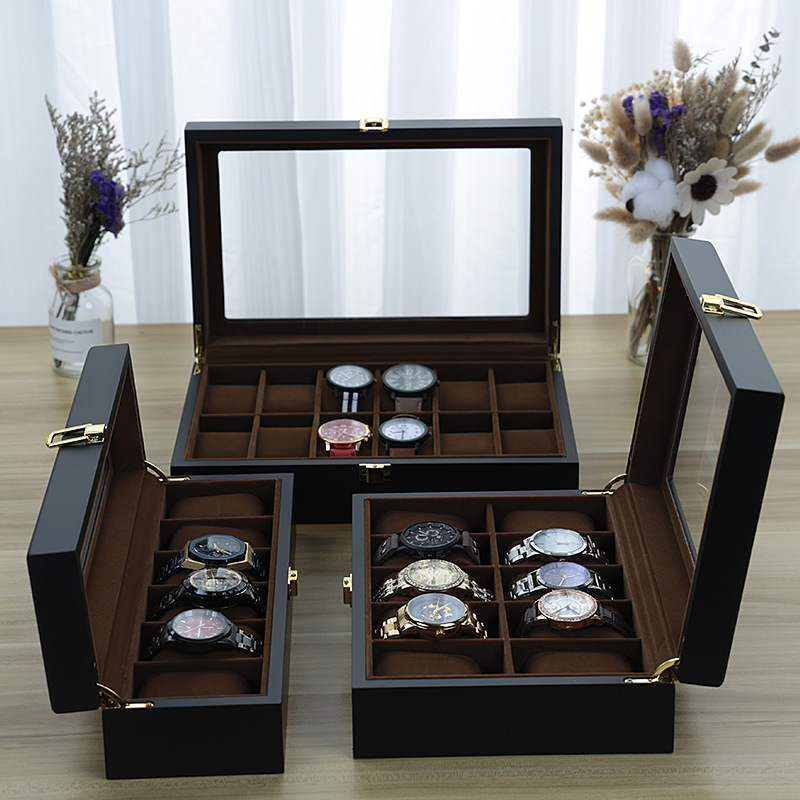 Box na vystavenie hodiniek — priehľadný, prachotesný, antimagnetický; (Materiál: broskyňové drevo; Model: 006013; Typ balenia: krabička na balenie; Značka: Delles packaging)