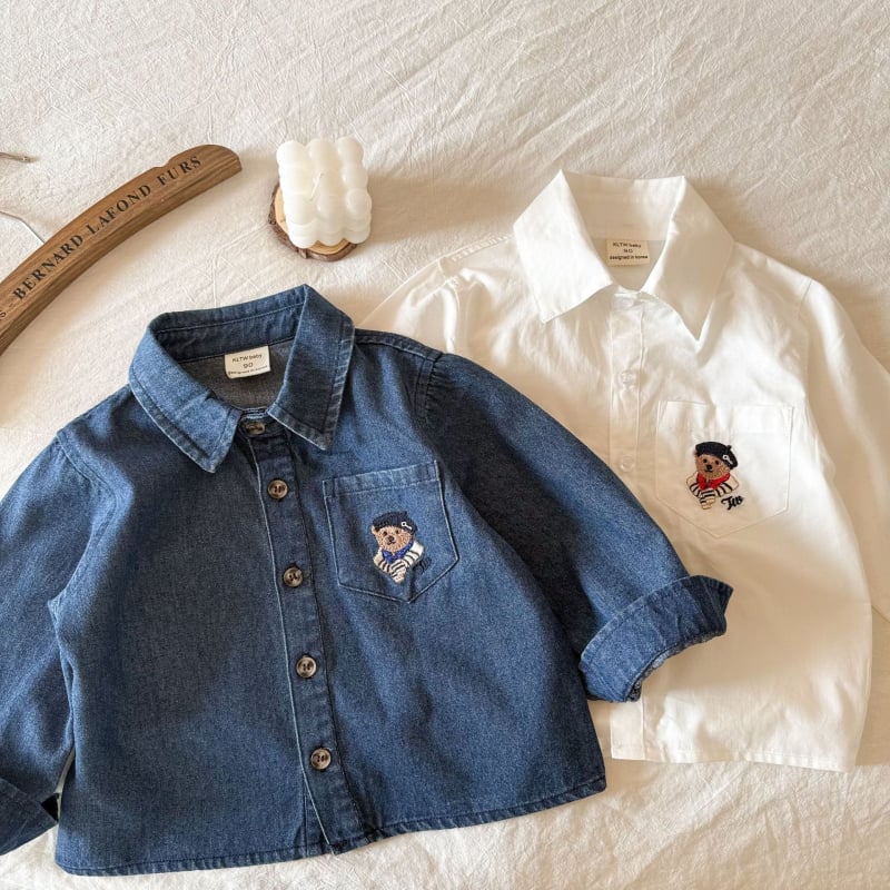 Cămașă denim pentru copii cu imprimeu ursuleț desenat, mâneci lungi, guler rever, 95% bumbac, primăvară-toamnă 2025