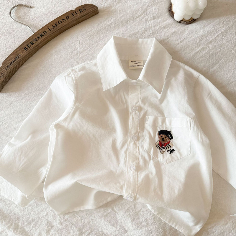 Cămașă denim pentru copii cu imprimeu ursuleț desenat, mâneci lungi, guler rever, 95% bumbac, primăvară-toamnă 2025