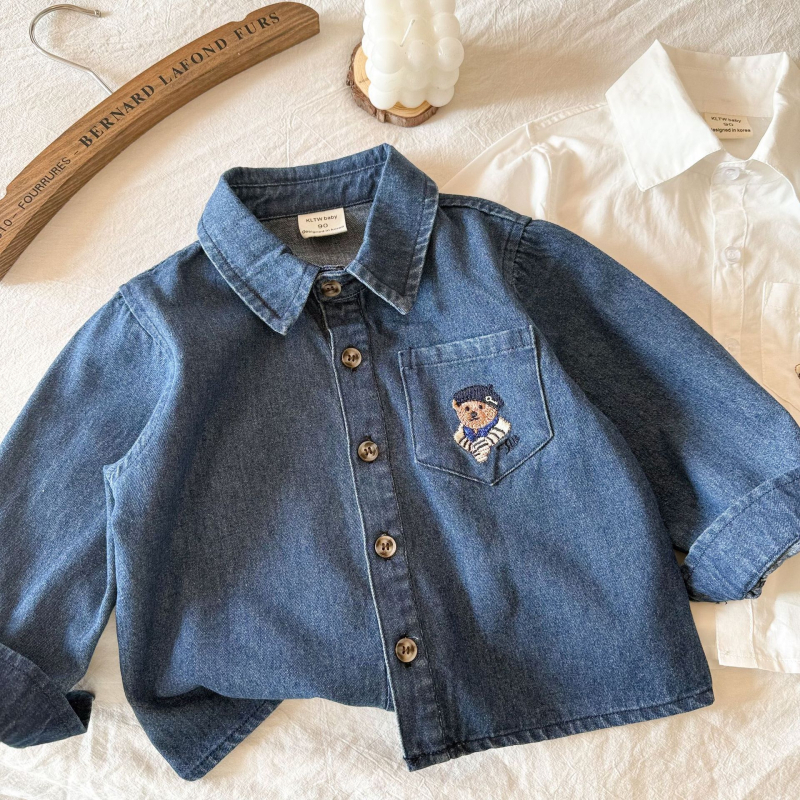 Cămașă denim pentru copii cu imprimeu ursuleț desenat, mâneci lungi, guler rever, 95% bumbac, primăvară-toamnă 2025