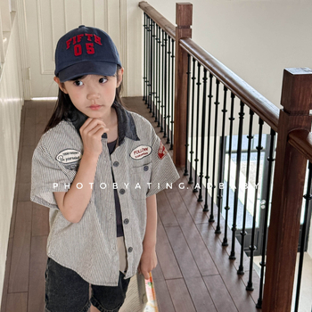 Gyerekeknek szóló rövid ujjú ing, koreai stílusú gallérral, 90% pamut, puha tapintás, egyszínű minta, lányoknak, nyár 2025