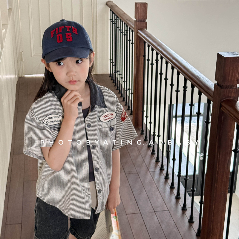 Gyerekeknek szóló rövid ujjú ing, koreai stílusú gallérral, 90% pamut, puha tapintás, egyszínű minta, lányoknak, nyár 2025