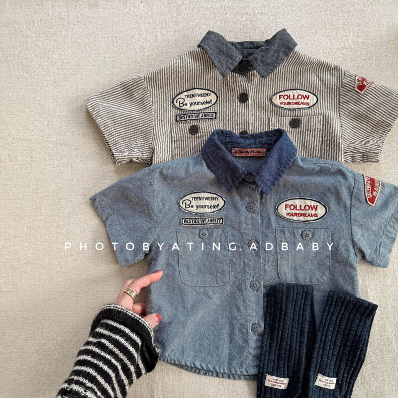 Gyerekeknek szóló rövid ujjú ing, koreai stílusú gallérral, 90% pamut, puha tapintás, egyszínű minta, lányoknak, nyár 2025