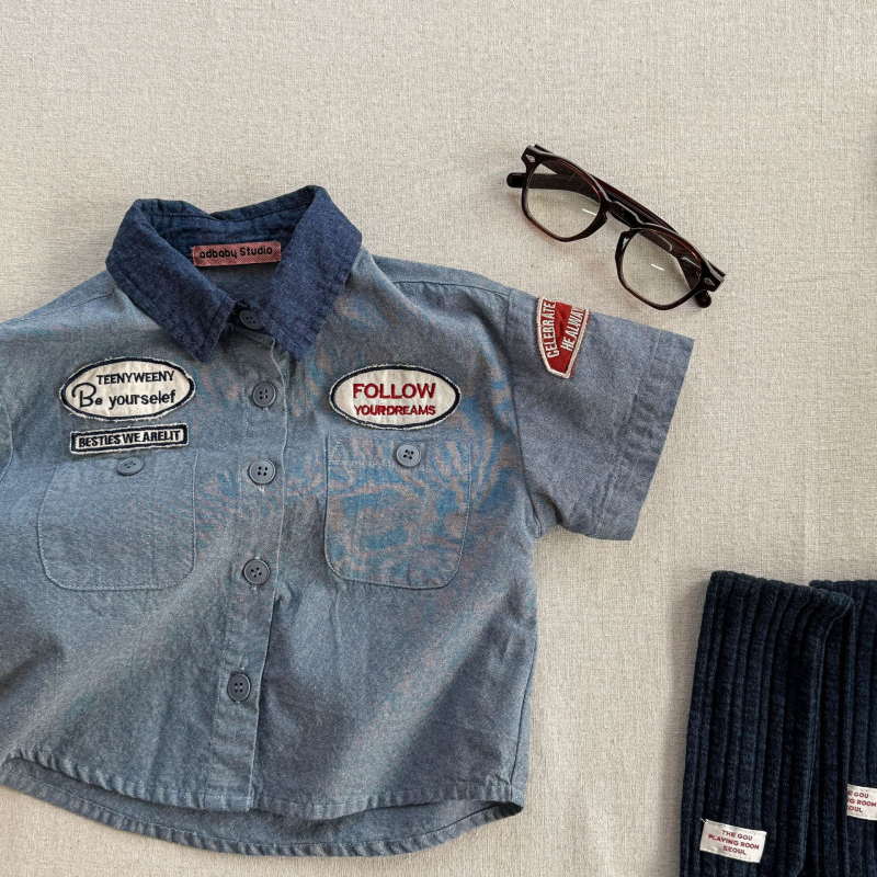 Gyerekeknek szóló rövid ujjú ing, koreai stílusú gallérral, 90% pamut, puha tapintás, egyszínű minta, lányoknak, nyár 2025