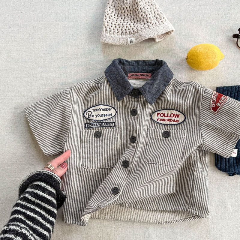 Gyerekeknek szóló rövid ujjú ing, koreai stílusú gallérral, 90% pamut, puha tapintás, egyszínű minta, lányoknak, nyár 2025