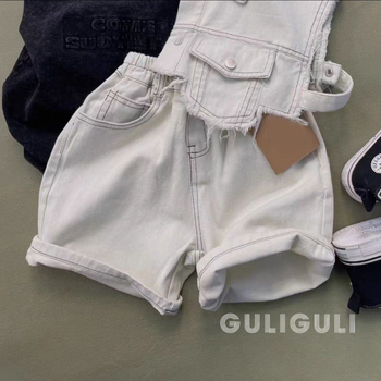 Set denim pentru copii, trei piese – croială lejeră, mâneci scurte, stil coreean, vară