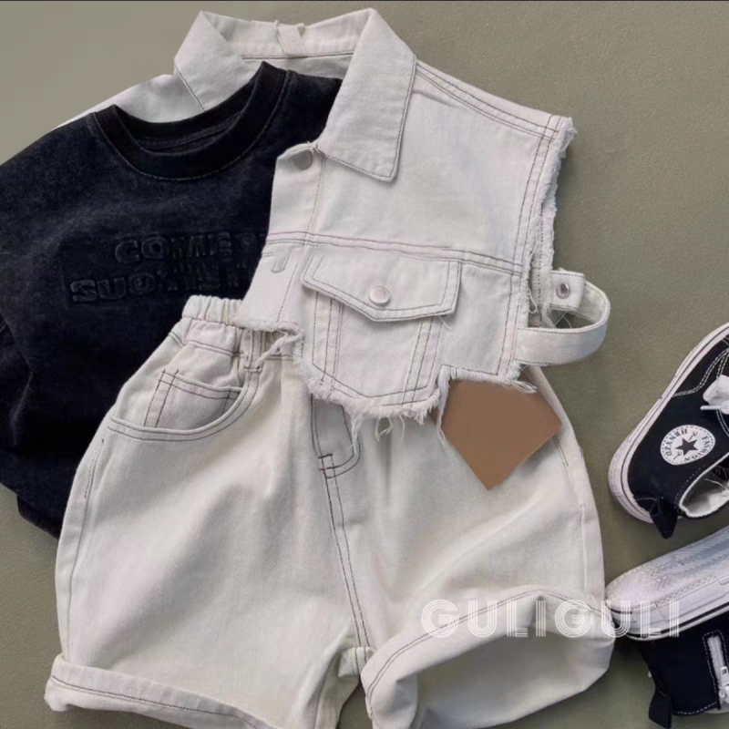 Set denim pentru copii, trei piese – croială lejeră, mâneci scurte, stil coreean, vară