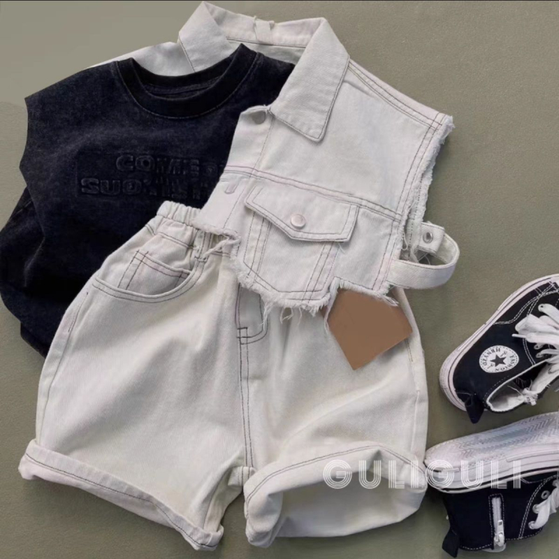 Set denim pentru copii, trei piese – croială lejeră, mâneci scurte, stil coreean, vară