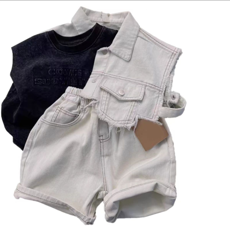 Set denim pentru copii, trei piese – croială lejeră, mâneci scurte, stil coreean, vară