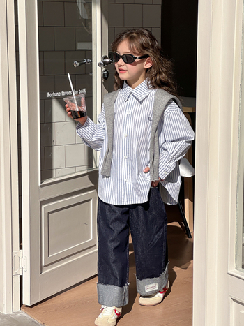 Gyerekeknek szóló ing koreai stílusban, laza szabás, csíkos mintázat, hosszú ujjú, 100% pamut